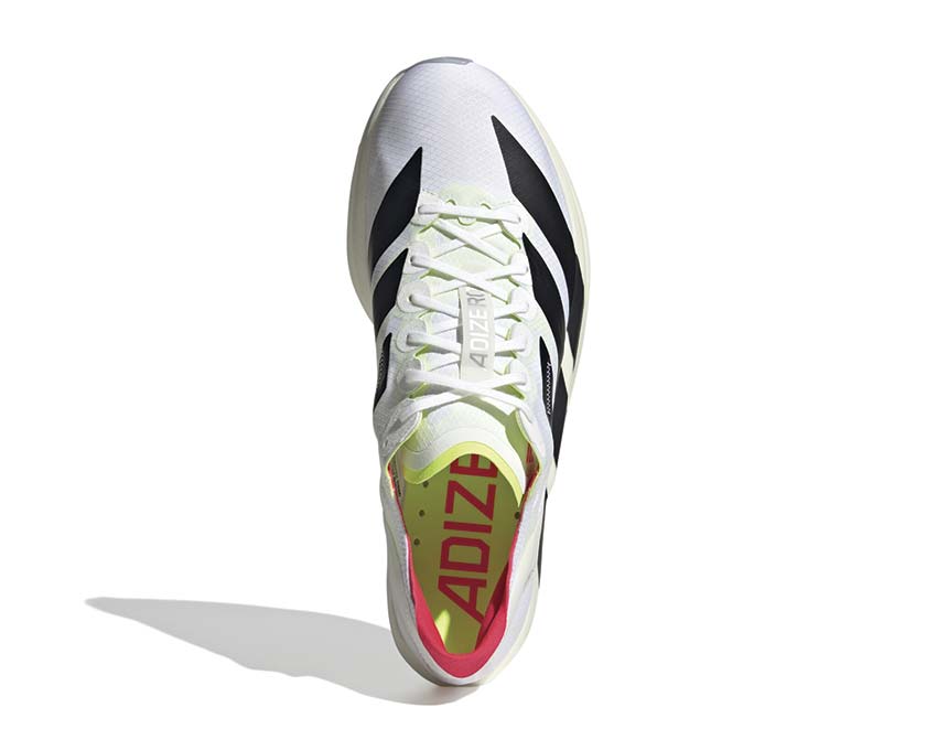 Adidas Adizero Takumi Sen 11 Cloud White detail — breathable mesh Lucid Red accent