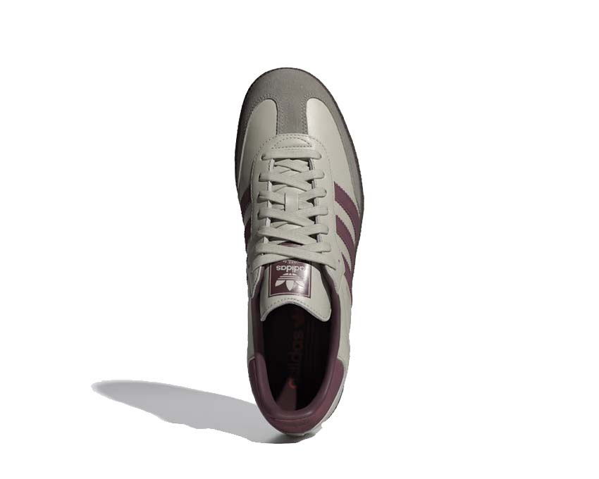 Adidas Samba OG Putty Grey Maroon detalle — panel gamuza y acentos dorados