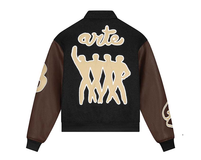 Arte Varsity Jacket Black Brown vista lateral — bandas cuero bicolor