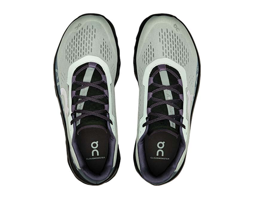 On Cloudmonster Glacier/Black detalle — mesh aireado zapatilla running hombre