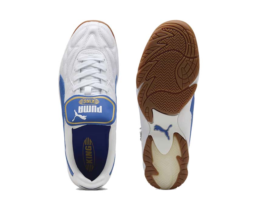 Puma King Indoor White Mountain Blue détail — logo King cuir