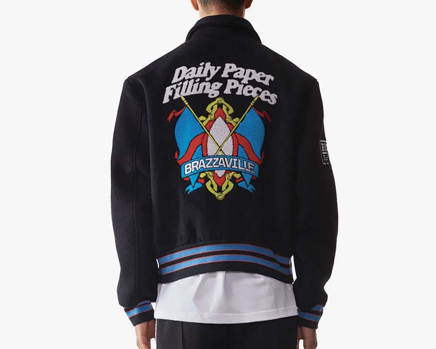 Daily Paper x Filling Pieces Varsity Jacket Black detail — front closure