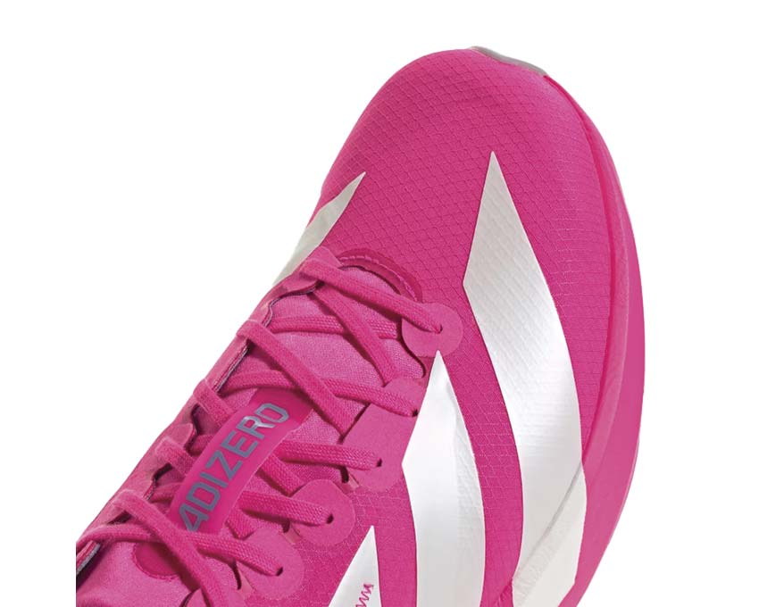 Adidas Adizero Adios 9 Shock Pink vista laterale — tomaia mesh ultraleggera
