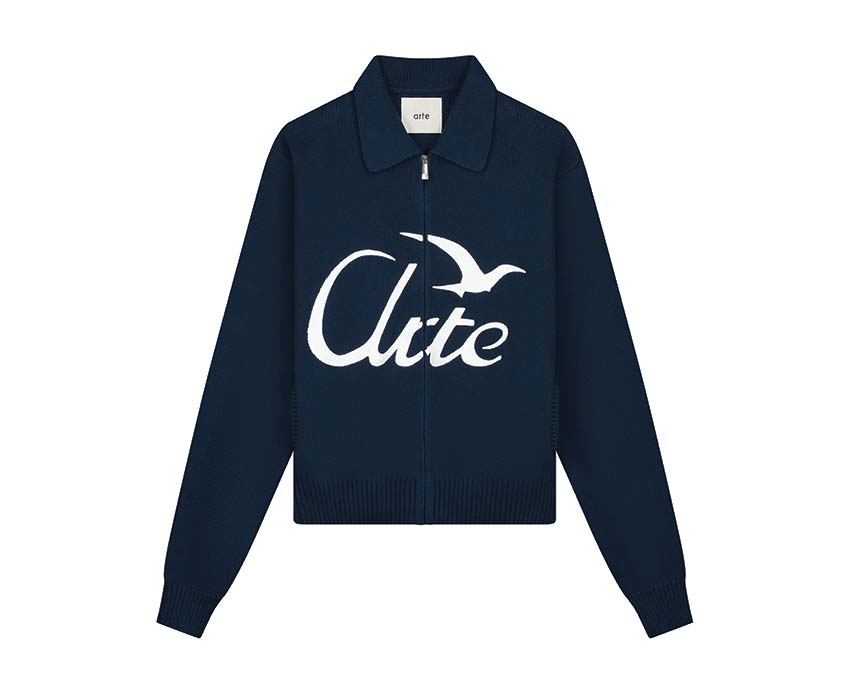 Arte Bird Logo Knit Navy — pull unisexe tricot logo oiseau