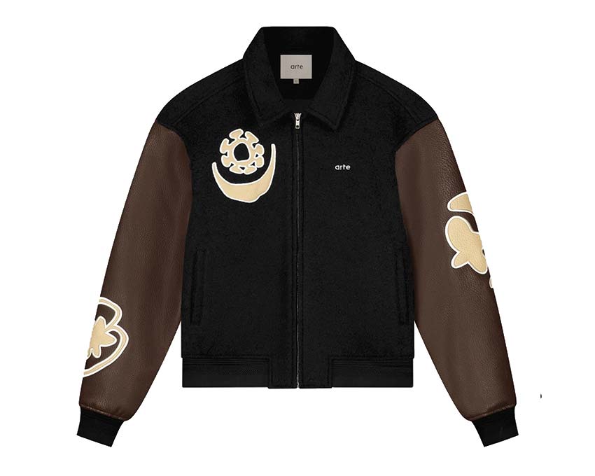 Arte Varsity Jacket Black Brown — chaqueta universitaria unisex bicolor