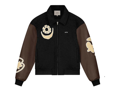 Arte Varsity Jacket Black Brown — chaqueta universitaria unisex bicolor