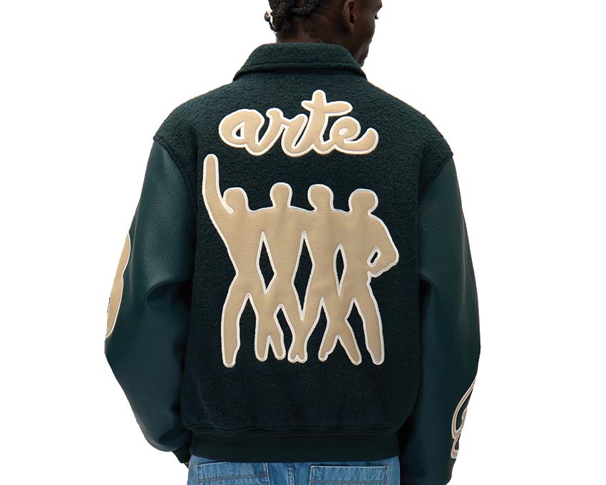 Arte Varsity Jacket Green vue latérale — bandes contrastées universitaire
