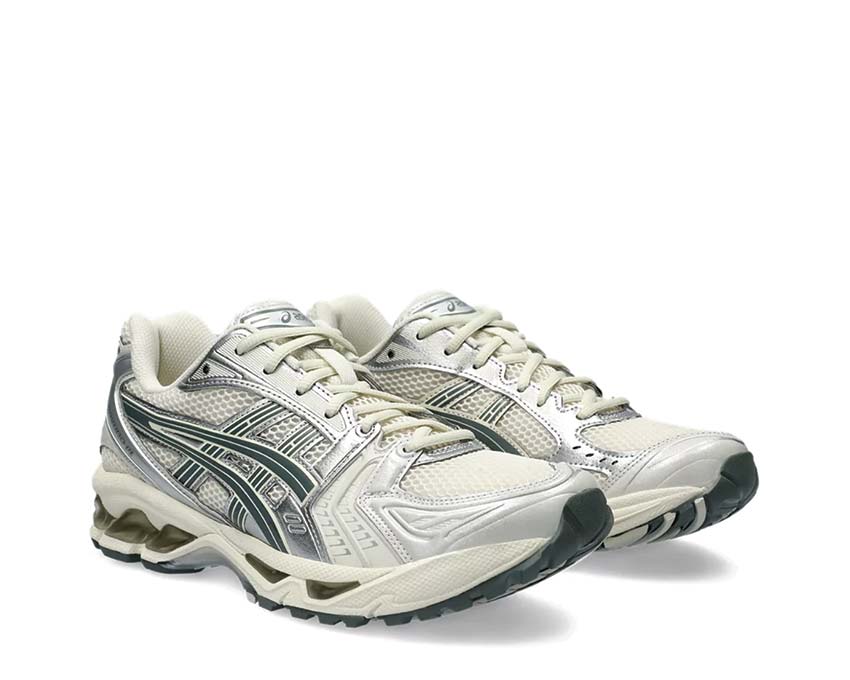 Asics Gel Kayano 14 Birch/Dark Pewter vue latérale — tige mesh respirante