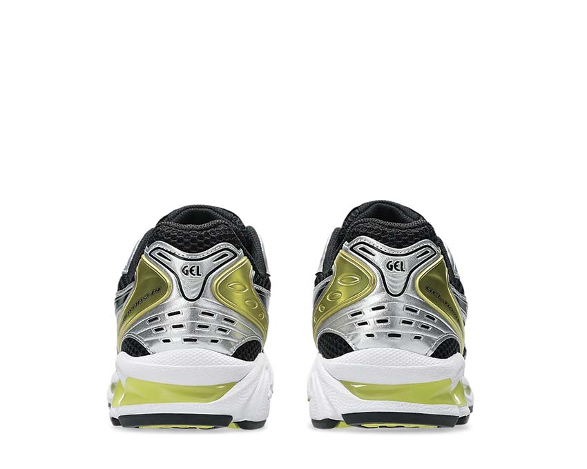 Asics Gel Kayano 14 Black/Lemon Spark détail — cuir synthétique et mesh