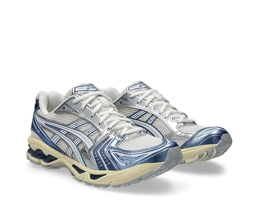 Asics Gel Kayano 14 Cream/Denim Blue side view — breathable mesh upper
