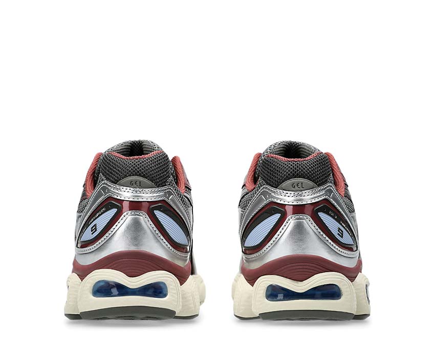 Asics Gel Nimbus 9 Truffle Grey Dark Cherry détail — mesh overlay vintage noirfonce.eu