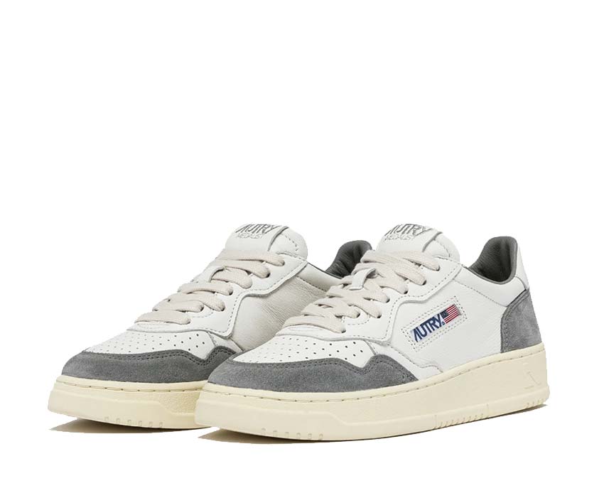 Autry Medalist Low Goat Suede White Grey side view — leather and suede