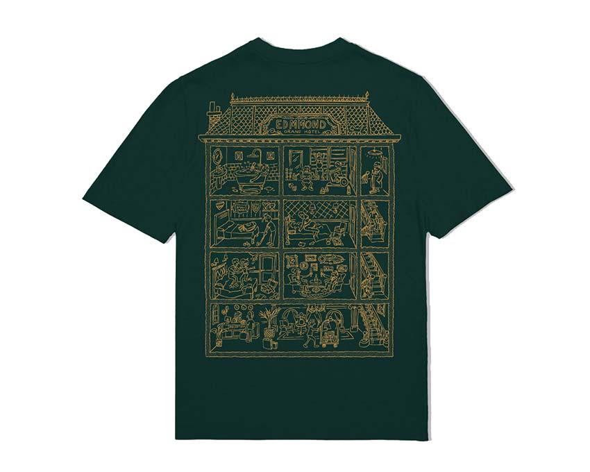 Edmmond Studios Gran Motel Group Tee Dark Green vista lateral — estampado grupo motel
