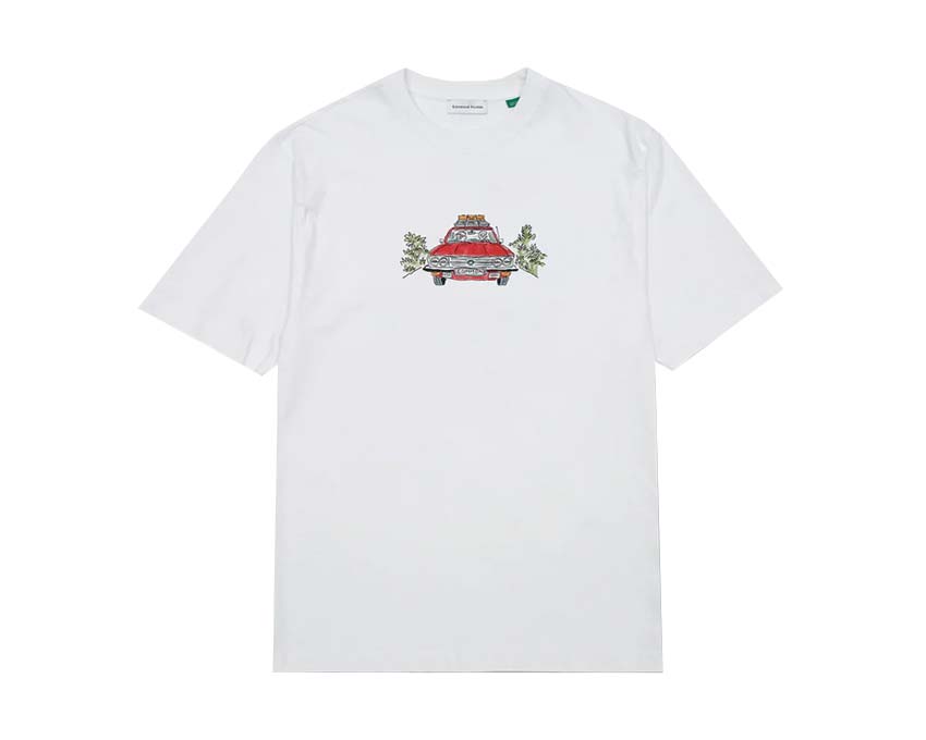 Edmmond Studios Holiday Auto White — camiseta unisex algodón estampado coche