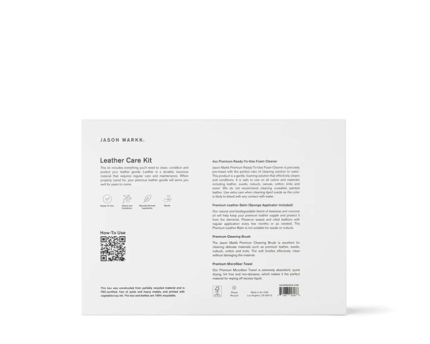 Jason Markk Leather Care Kit détail — produits soin cuir baume et nettoyant