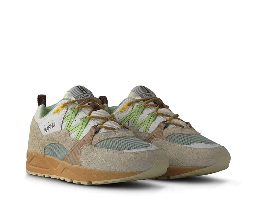 Karhu Fusion 2.0 x MÖLKKY Turtledove Shadow Lime side view — leather and lime details