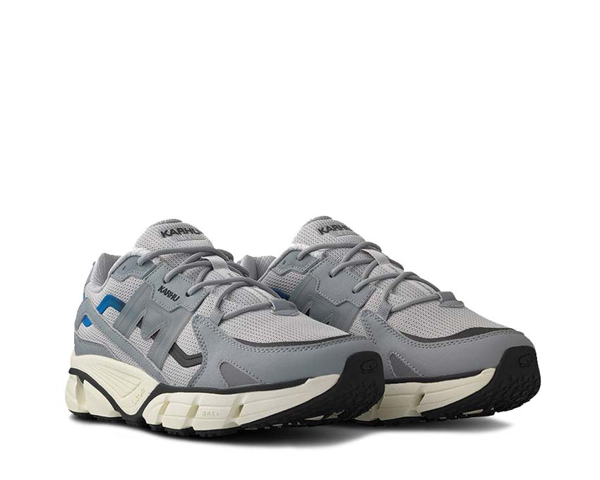 Karhu Super Fulcrum White Quarry vista lateral — cuero blanco y gris quarry