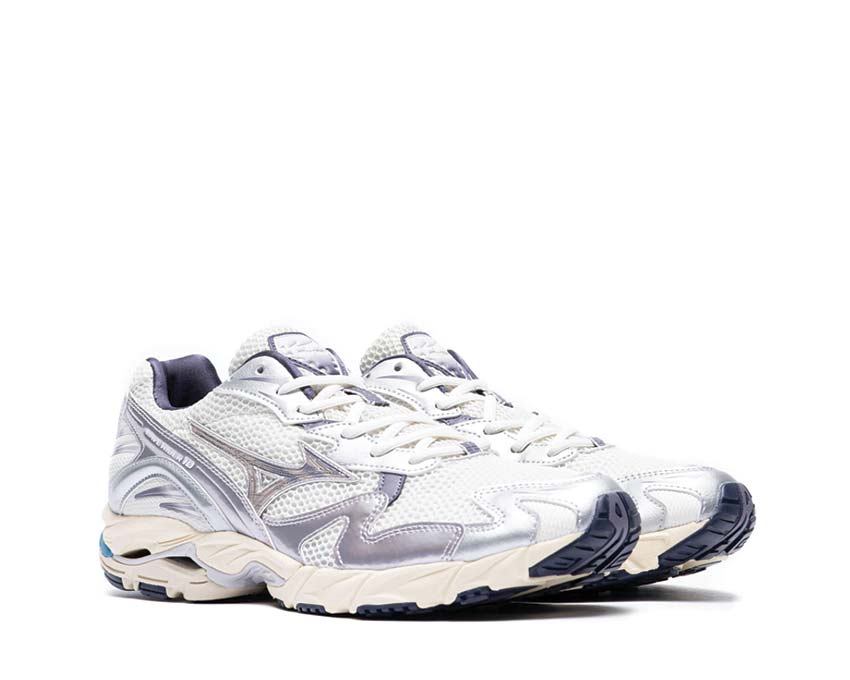 Mizuno Wave Rider 10 Metallic Pack 2 Snow White/Lilac vue latérale — mesh respirant