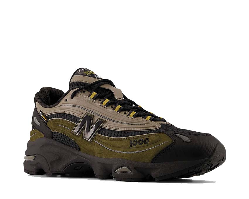 New Balance 1000 Woodland vista laterale — tomaia multimateriale toni woodland