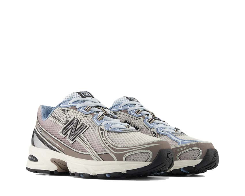 New Balance 740 Sea Salt vue latérale — tige mesh et suède ton sable naturel