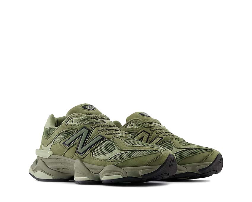 New Balance 9060 Dark Olivine vista lateral — parte superior multi-material