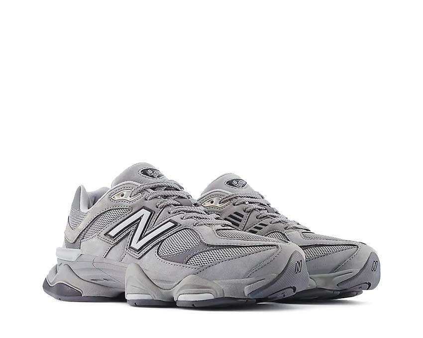 New Balance 9060 Shadow Grey vista lateral — parte superior ante y mesh texturizado