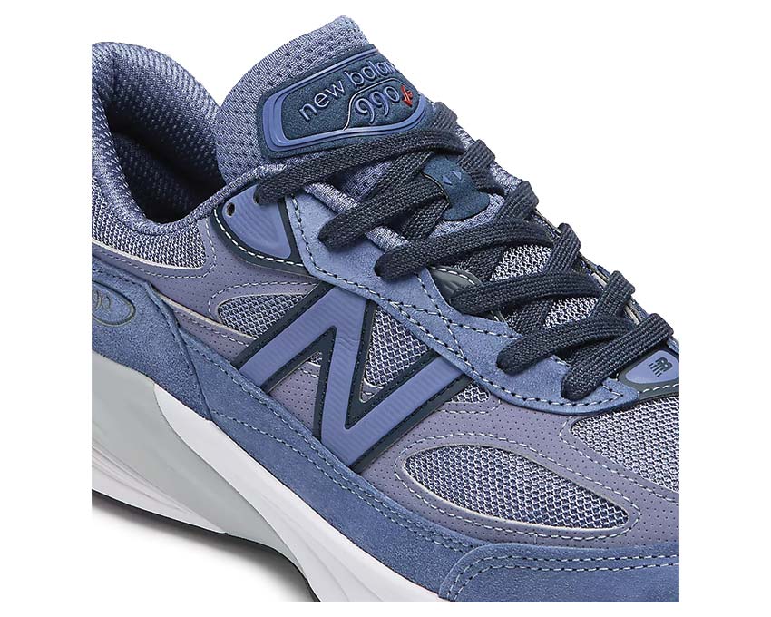 New Balance 990v6 Made in USA Purple Navy detalle — ante y mesh premium