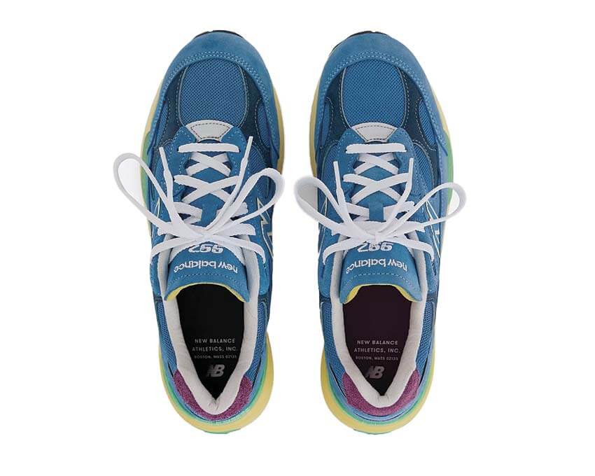 New Balance 992 Sea Stone vue arrière — contrefort stabilisateur gris bleu