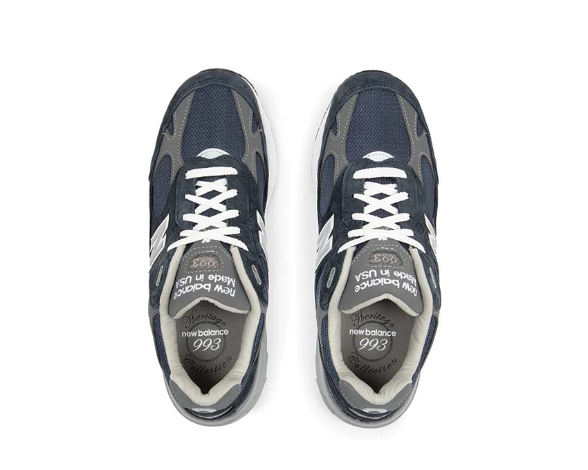 New Balance 993 Made in USA Navy détail — suède et pigskin qualité premium