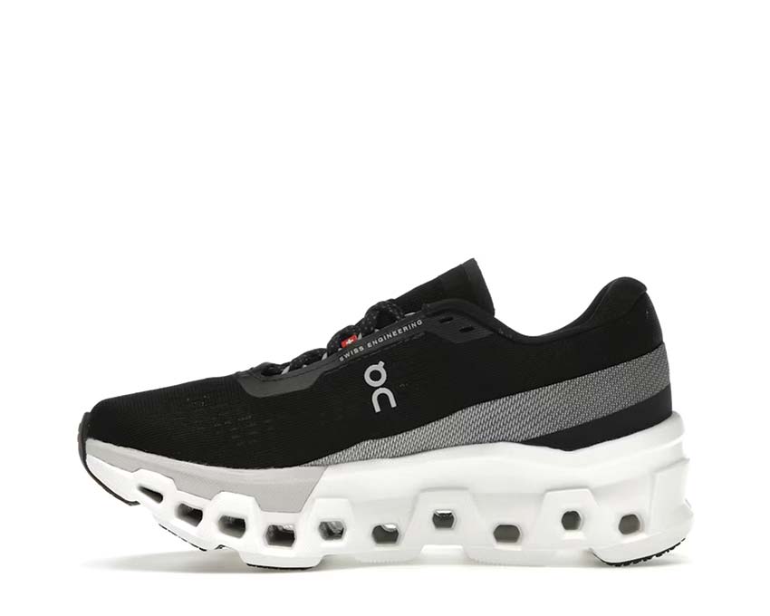On Cloudmonster 2 W Black/Frost détail — tige mesh running femme