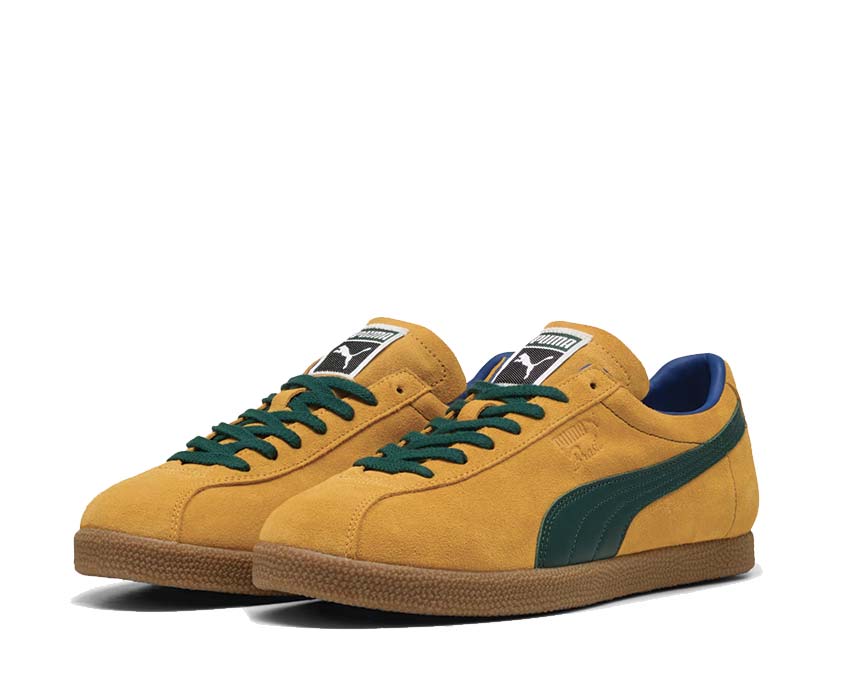 Puma Brasil Tangerine Dark Myrtle détail — logo Puma en cuir