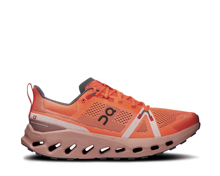 On Cloudsurfer Trail Flame/Dustrose — trail ligero hombre suela Missiongrip