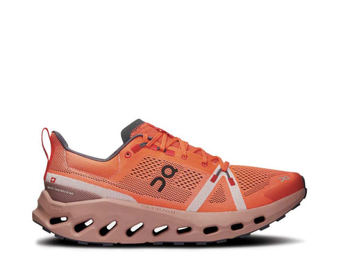 On Cloudsurfer Trail Flame/Dustrose — trail ligero hombre suela Missiongrip