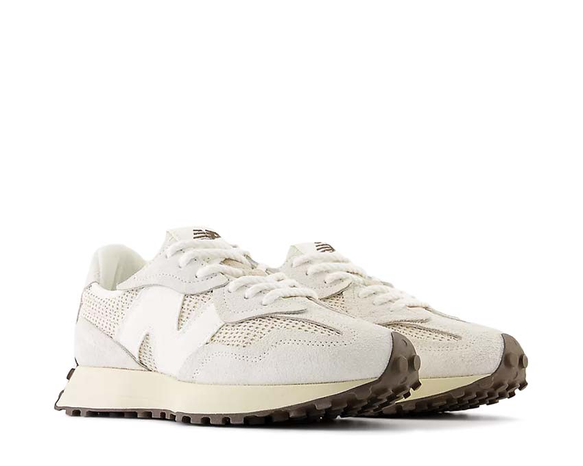 New Balance 327 vista lateral — parte superior de ante y malla
