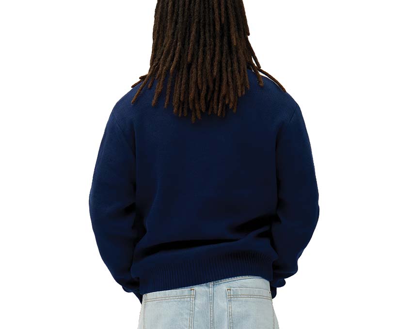 Arte Bird Logo Knit Navy détail — motif oiseau tricot