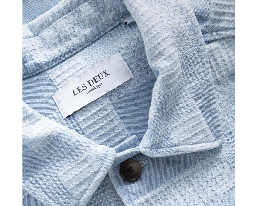Les Deux Layton Denim Jacquard Overshirt side view — textured jacquard denim