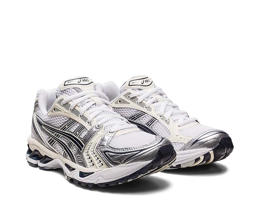 Asics Gel Kayano 14 White Midnight side view — mesh upper