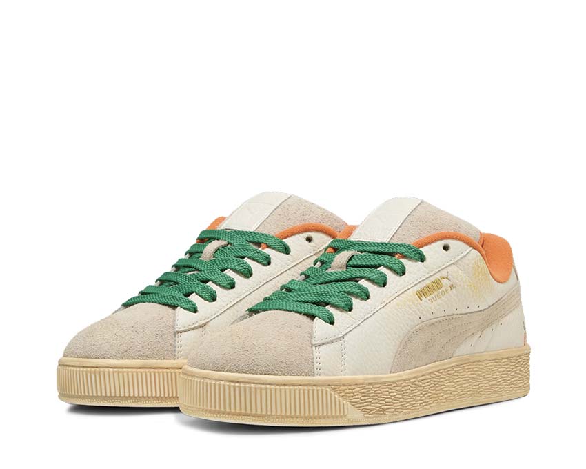 Puma Suede XL Carrots 2 Warm White Rickie Orange vista lateral — ante blanco naranja zanahoria
