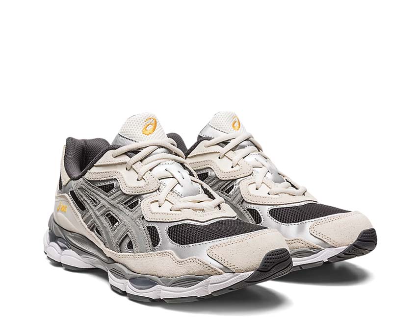 Asics Gel NYC Black/Graphite Grey 1201A789 vista lateral — parte superior mesh y cuero vintage