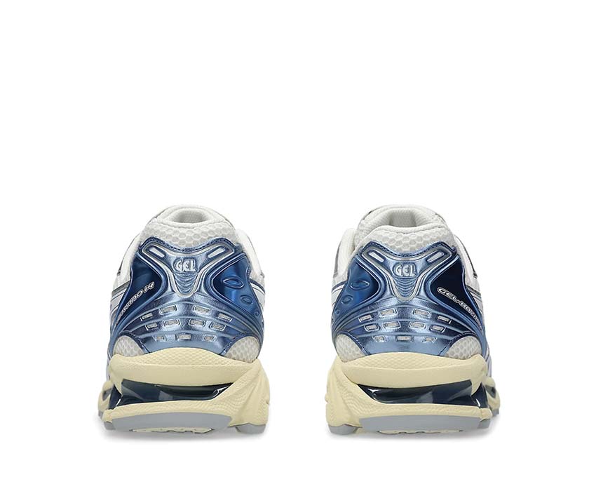 Asics Gel Kayano 14 Cream/Denim Blue detail — synthetic leather and mesh