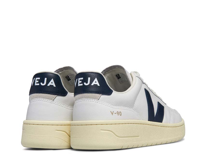 Veja V-90 OT Leather Extra White Nautico vista lateral — cuero blanco y navy mujer