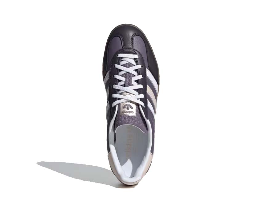 Adidas Gazelle Indoor W Shadow Violet detail — embroidered Three Stripes Cloud White