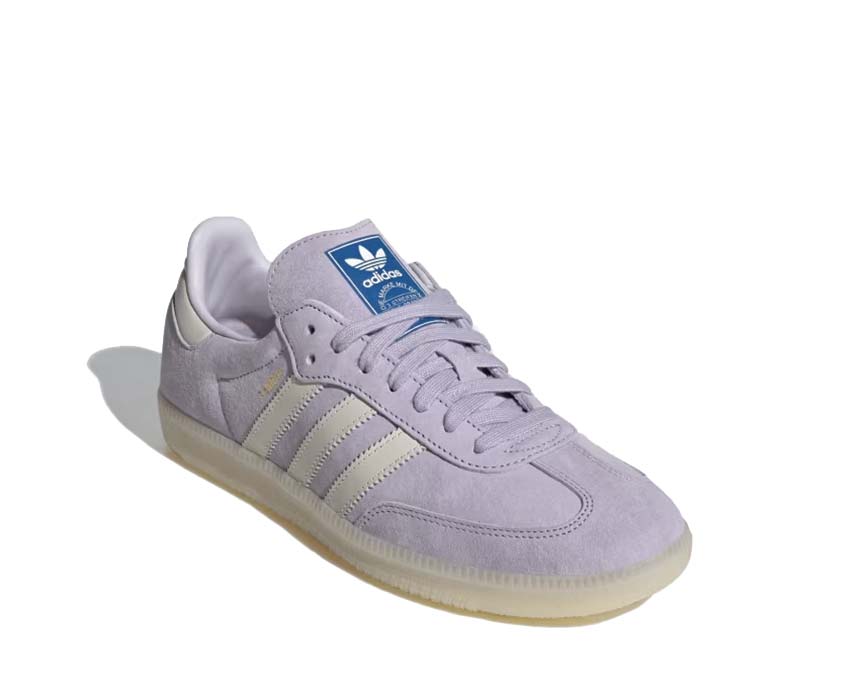 Adidas Samba OG Silver Dawn vista lateral — cuero iridiscente plateado y Chalk White