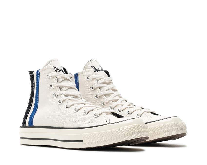 Converse Chuck 70 Hi Vintage White/Blue-Cream side view — high canvas white blue stripes