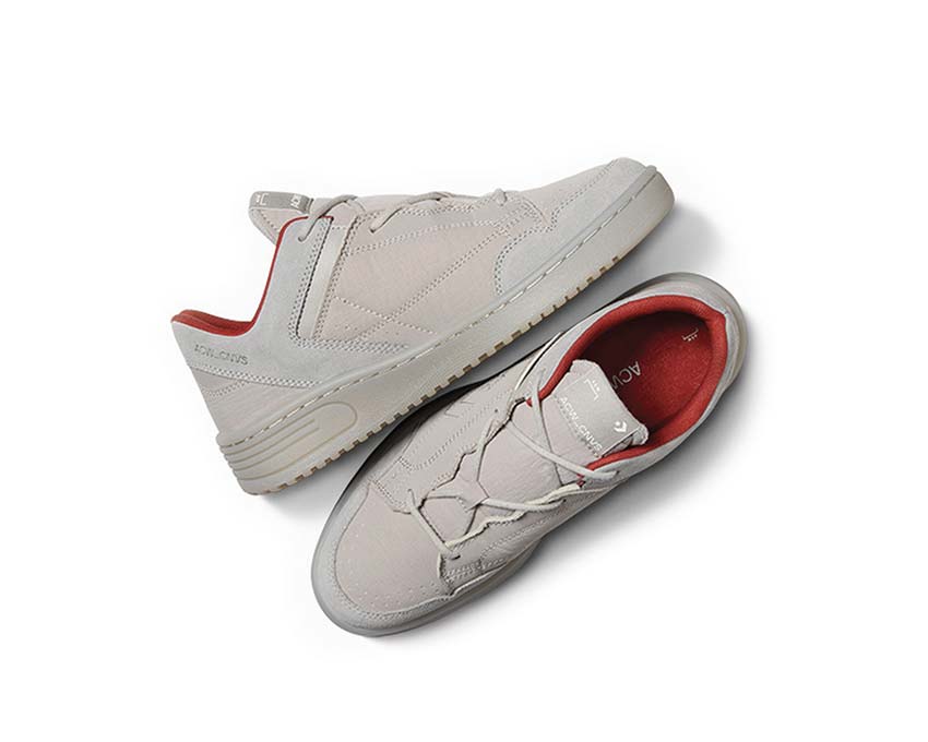 Converse Weapon OX Flint Gray/Bossa detalle — costuras cuero bicolor vintage