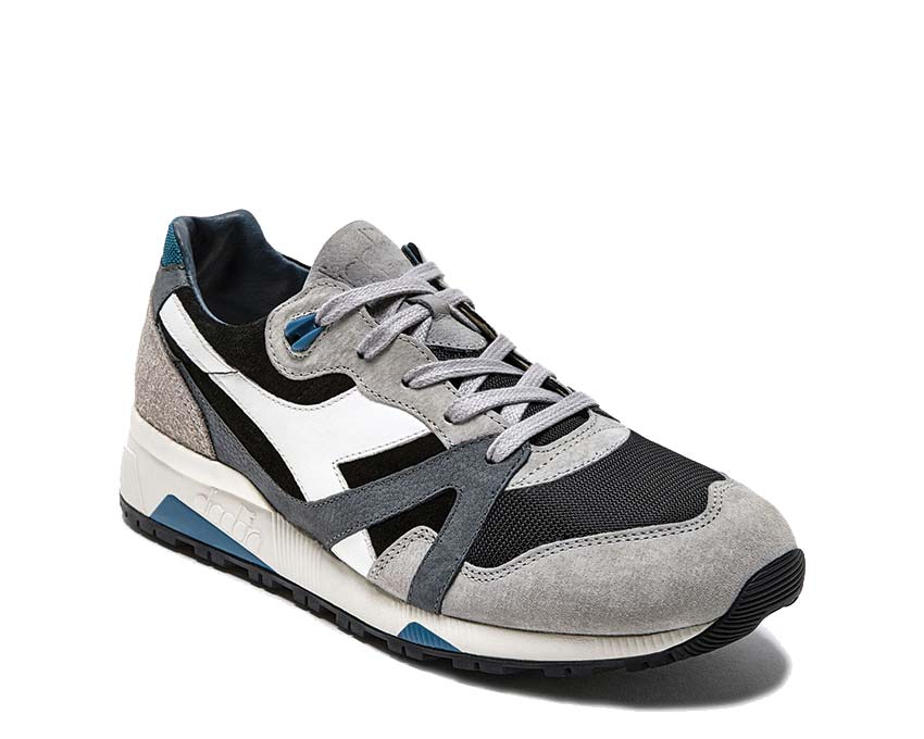 Diadora N9000 Italia Black Paloma Grey vista lateral — perfil cuero tricolor