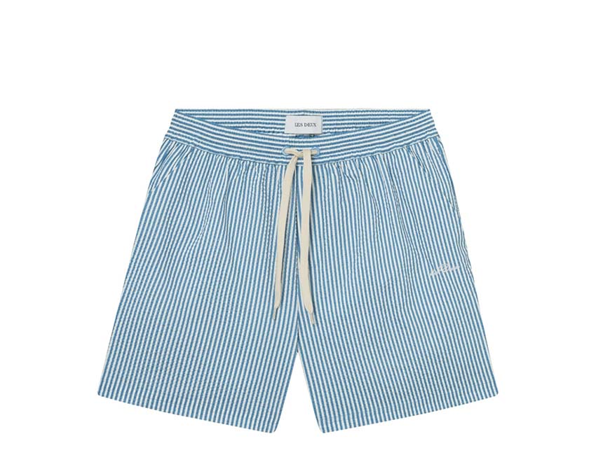 Les Deux Stan Stripe Seersucker Swim Shorts Denim — short de bain unisexe rayé