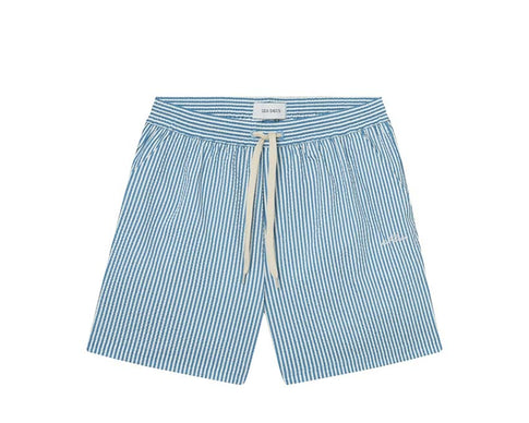 Les Deux Stan Stripe Seersucker Swim Shorts Denim — short de bain unisexe rayé
