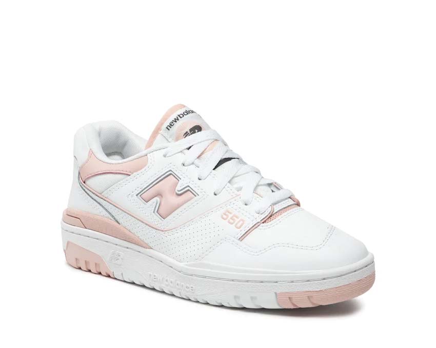 New Balance 550 W White Pink vista lateral — cuero y malla