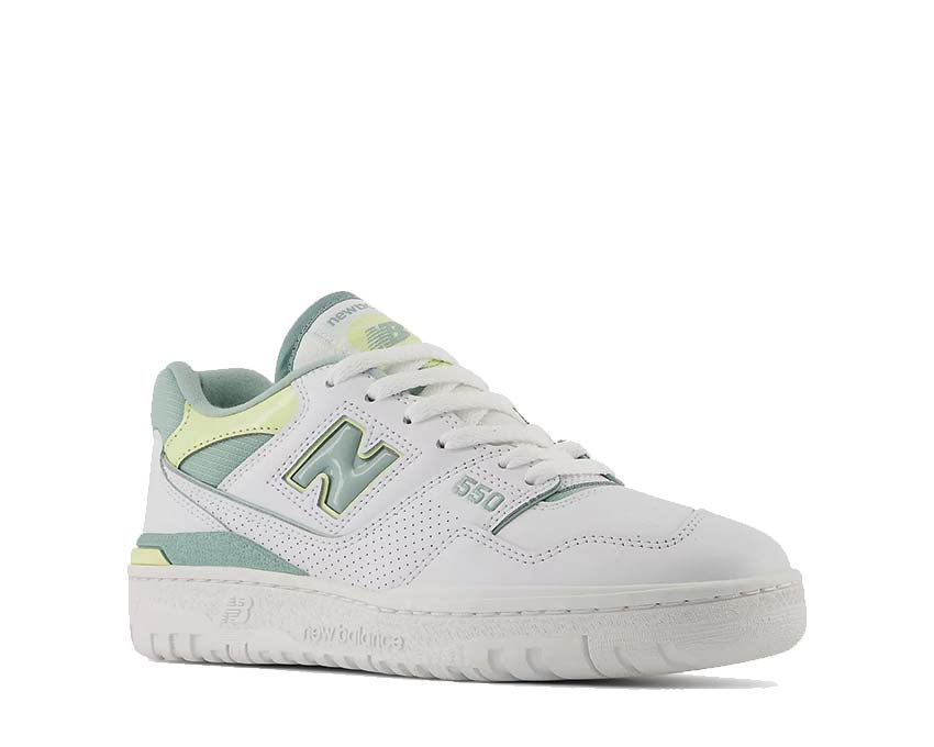 New Balance 550 W White Salt Marsh side view — cupsole Limelight accent